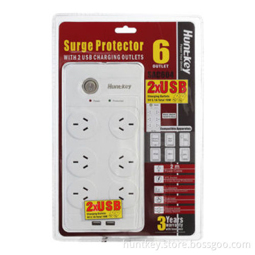 Australian Standard Power Strip with Two USB Ports and 375 Joules Surge Protection